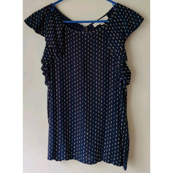 LOFT Tops - Loft Women's‎ Clip Ruffle V-Back Shell Top Navy Blue/Yellow/Green Size Small
